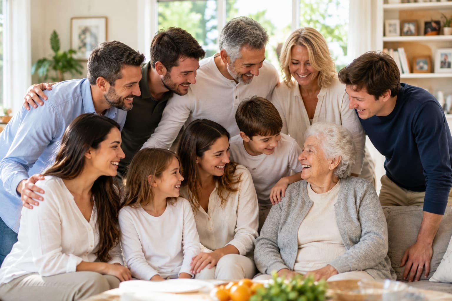 משפחה רב-דורית יושבת יחד עם סבתא בסלון מואר